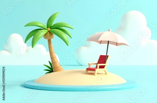 3d island with lounge chair and umbrella, tropical beach landscape, large empty space for text, ideal for travel, tourism, and beach vacation promotions