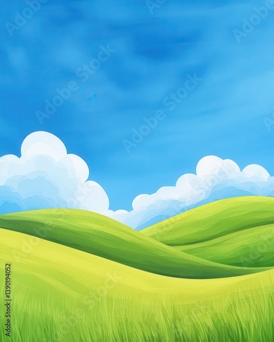 Cartoon Illustration of Rolling Green Hills Under a Bright Blue Sky with Clouds