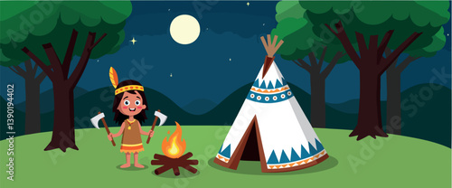 native american child with axes by campfire and teepee at night