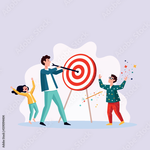 three cheerful figures celebrating a shared goal with target and arrow