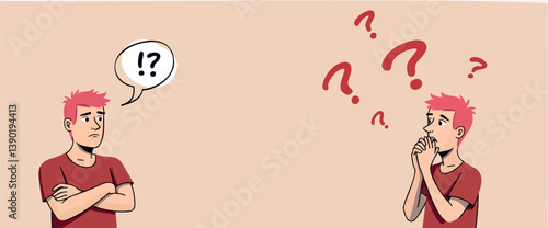 two young men contemplating a problem one with an exclamation point above his and the other surrounded by question marks