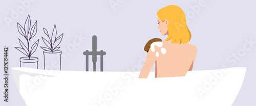 blonde woman relaxing in a pastel-colored bathroom bathtub
