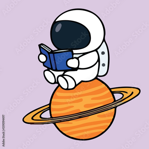 cartoon astronaut reading a book on a ringed planet