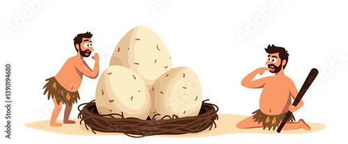 two astonished cavemen discover three enormous eggs in a nest