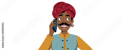 smiling man in a red turban speaks on a mobile phone