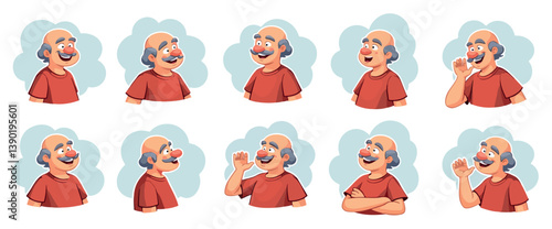 ten expressive illustrations of a cheerful senior man