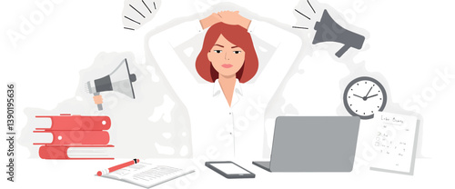 focused young woman calmly managing a busy at her desk