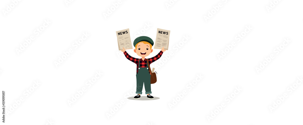 Obraz premium cheerful young boy joyfully presenting newspapers