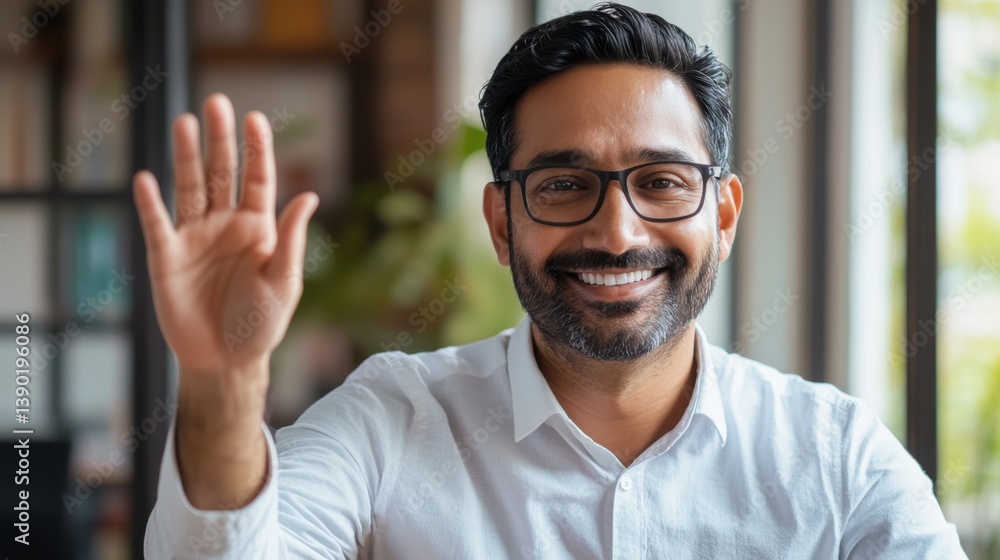 Fototapeta premium Smiling Man in Glasses Waving Hand in Office Setting, Positive Body Language, Professional Portrait