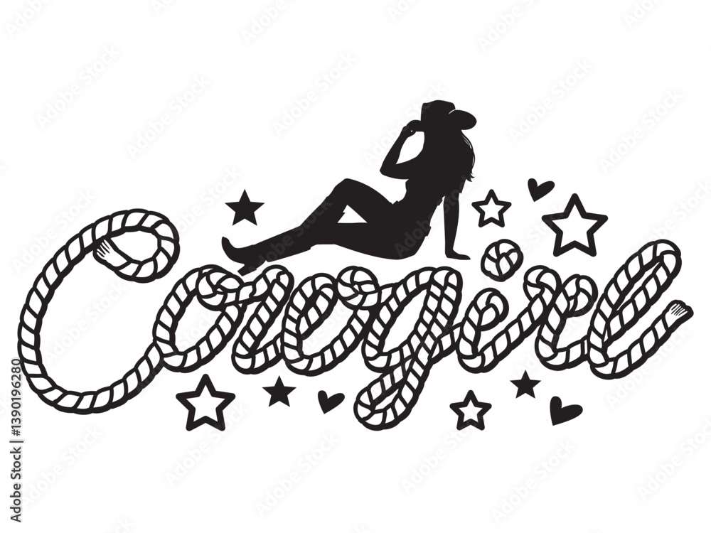 Cowgirl silhouette with rope text isolated on white for design. Vector Southern girl printable for T-shirt or mug, Country Girl Ranch silhouette with western decoration . Cowgirl silhouette with rope text isolated on white for design. Vector Southern girl printable for T-shirt or mug, Country Girl Ranch silhouette with western decoration .