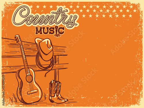 Country Music vintage poster with cowboy boots, Western hat and guitar with Cowboy lettering. Vector country music festival poster on old paper texture background for text or design.