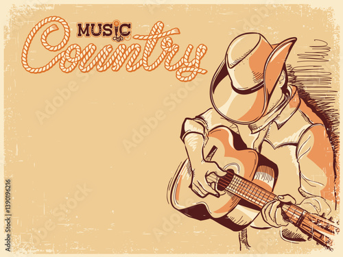 Country Music poster with Man cowboy hat playing guitar. Vector country music festival poster on old paper background for text or design.