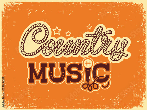 Country music card vector vintage illustration on old paper texture. Vector printable Country Folk Music Lettering with microphone decor.