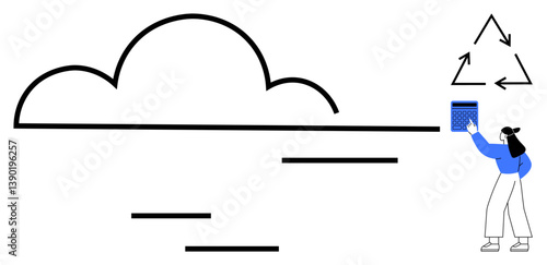 Woman deposits plastic in a bin by recycling arrows symbol with large neutral cloud. Ideal for sustainability, recycling, eco-awareness, environment, waste management, climate change, flat simple