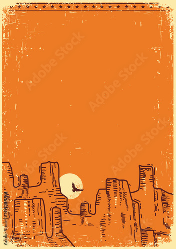 American vintage Poster with desert Canyon on old paper background for text or design.