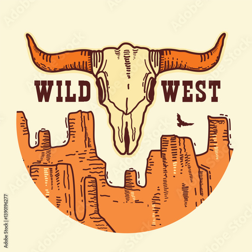 Wild West vector logo with longhorn skull and Western American desert. Vector hand drawn vintage symbol illustration with sunset isolated on white for design.