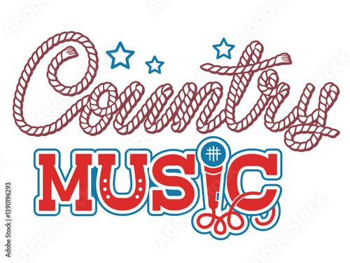 Country music Lettering vector illustration isolated on white. Vector printable Country Folk Music text with microphone decor.