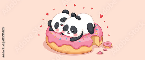 two cuddly panda bears share a pink donut symbolizing love and sweetness