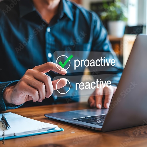 Proactive Versus Reactive Concept with Business Professional at Office Desk Using Laptop and Digital Interface for Strategic Thinking and Decision Making in Modern Corporate Workplace