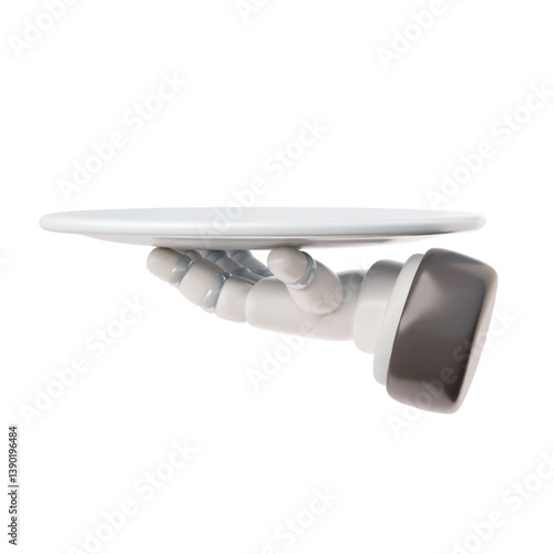 Waiter tray platter holding by robotic hand, 3D cartoon plastic style vector icon, restaurant service, mechanical arm