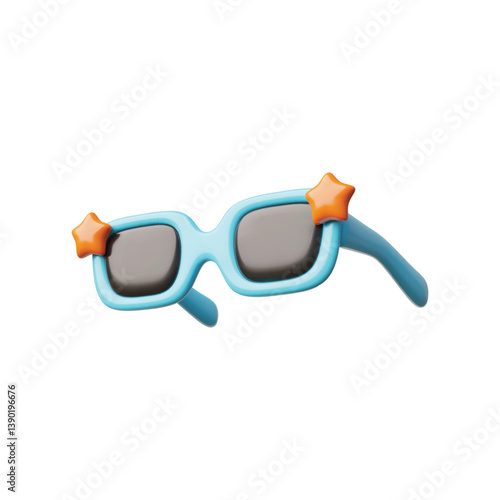 Blue sunglasses with star decoration 3D cartoon vector icon, summer kids eyewear accessory to sun's shines protection