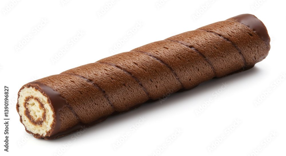 A tempting chocolate-covered swirl cake roll, a delightful treat perfect for a sweet indulgence, elegantly displayed against a bright white background. A tempting chocolate-covered swirl cake roll, a delightful treat perfect for a sweet indulgence, elegantly displayed against a bright white background.
