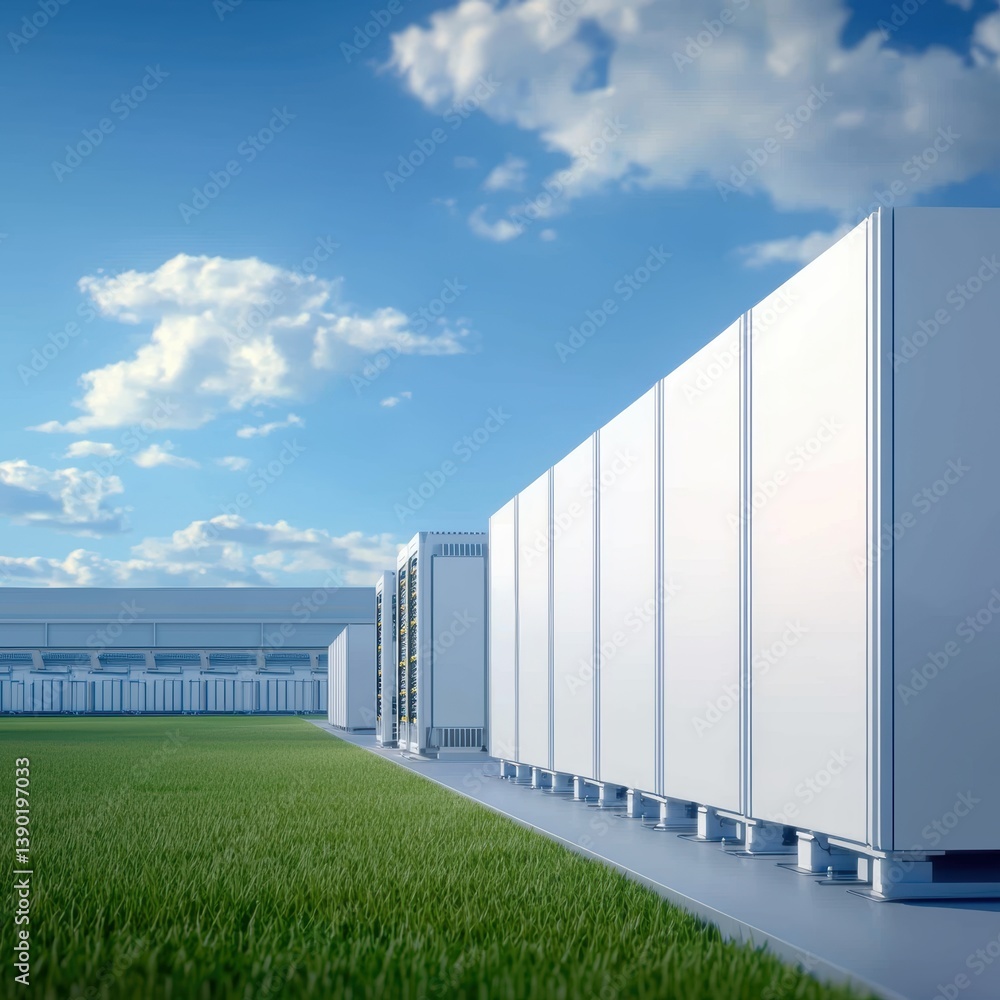 A modern industrial facility with white structures on a green lawn under a clear blue sky, showcasing technology and innovation in a spacious environment. A modern industrial facility with white structures on a green lawn under a clear blue sky, showcasing technology and innovation in a spacious environment.