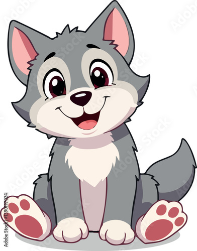 adorable cartoon wolf pup sitting and smiling