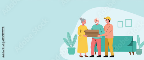 elderly couple happily receiving a package from a delivery person at home.