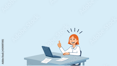 cheerful woman at desk giving thumbs up gesture in front of a laptop