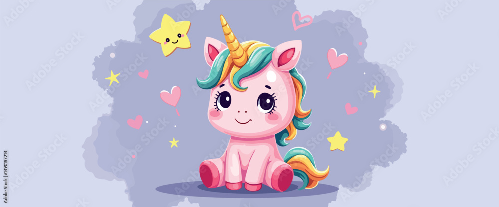 Fototapeta premium adorable pink unicorn sitting amidst hearts and stars