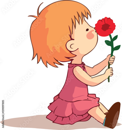 toddler girl in a pink dress delicately holding a vibrant red flower