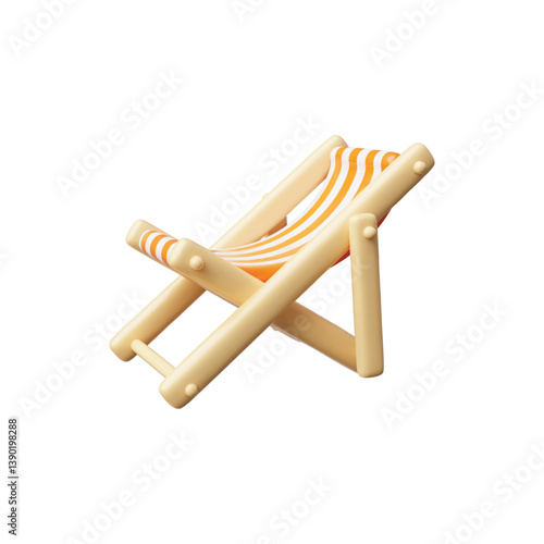 Wooden deck chair with striped fabric 3D vector icon, beach chaise longue for summer relaxing and sunbathing side view
