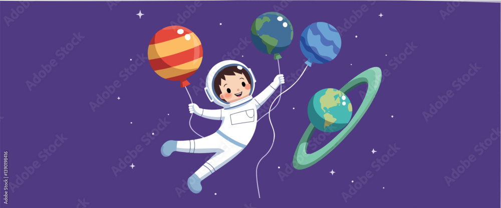 Naklejka premium cheerful young astronaut floats in space joyfully holding onto colorful planet-shaped balloons