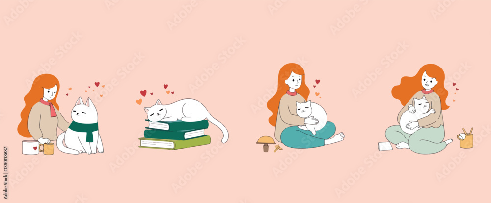 Fototapeta premium red haired woman tenderly interacting with her white cat in various cozy scenes