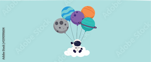 joyful astronaut floating on cloud with planet balloons