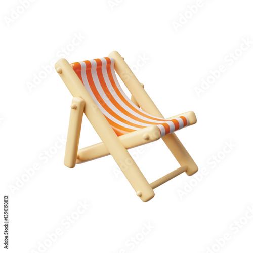 Wooden deck chair with orange white striped fabric 3D vector icon, beach chaise longue for summer relaxing sunbathing