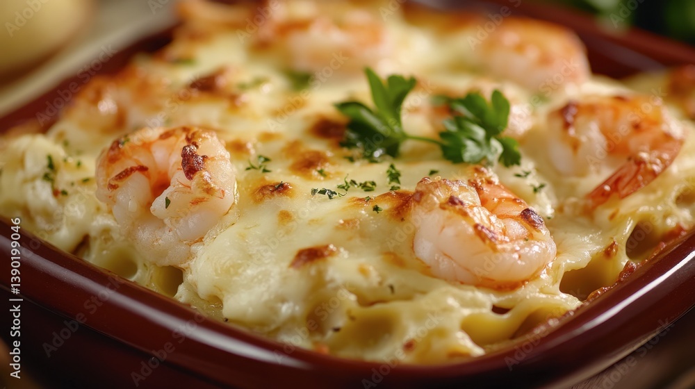 A rich seafood lasagna with visible layers of shrimp and melted cheese. A rich seafood lasagna with visible layers of shrimp and melted cheese.