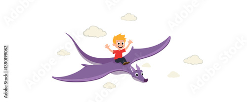 cheerful boy joyfully flying on a purple pterodactyl amongst fluffy white clouds
