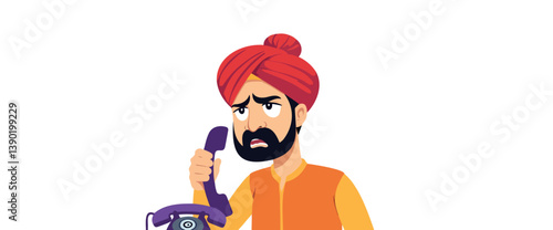 bearded man in an kurta and red turban looks concerned while on a phone call