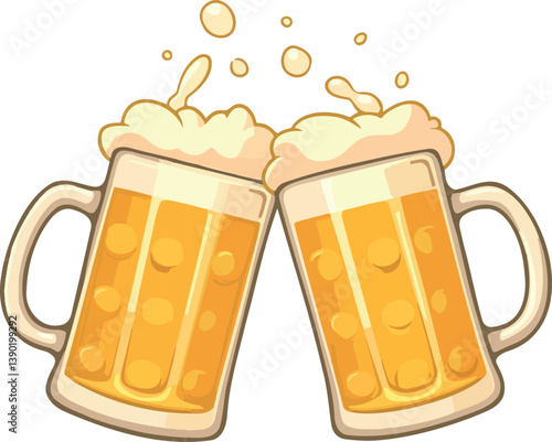 two frothy beer mugs clinking in a celebratory toast