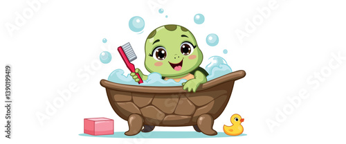 cheerful turtle enjoys a bath with a toothbrush and a rubber duck