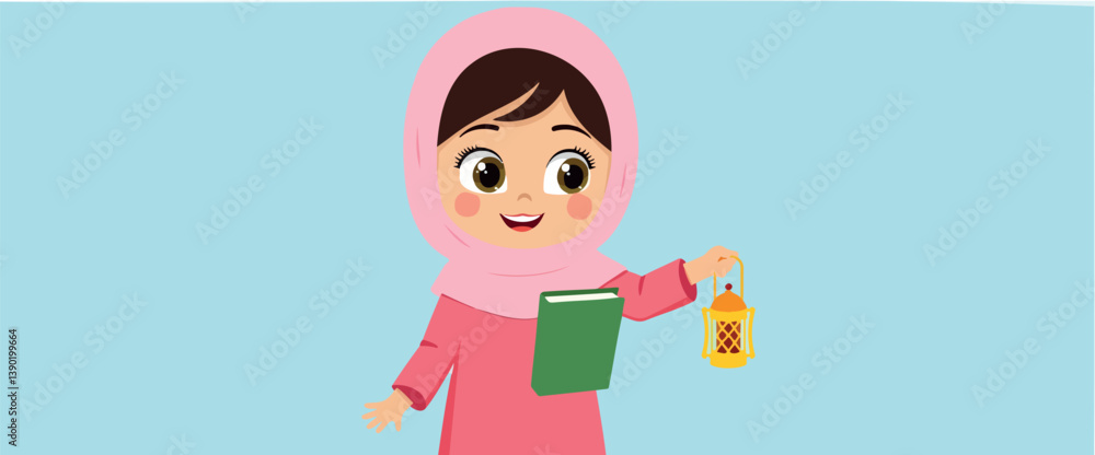 smiling girl in pink hijab holding a book and a golden lantern smiling girl in pink hijab holding a book and a golden lantern