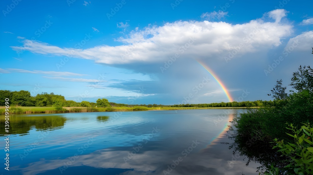 Naklejka premium Rainbow Arcing Over a Calm Lake with Reflecting Sky and Trees