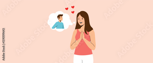 young woman daydreaming about a man filled with hopeful romantic feelings