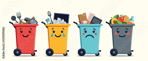 four cheerful wheelie bins overflowing with different types of trash