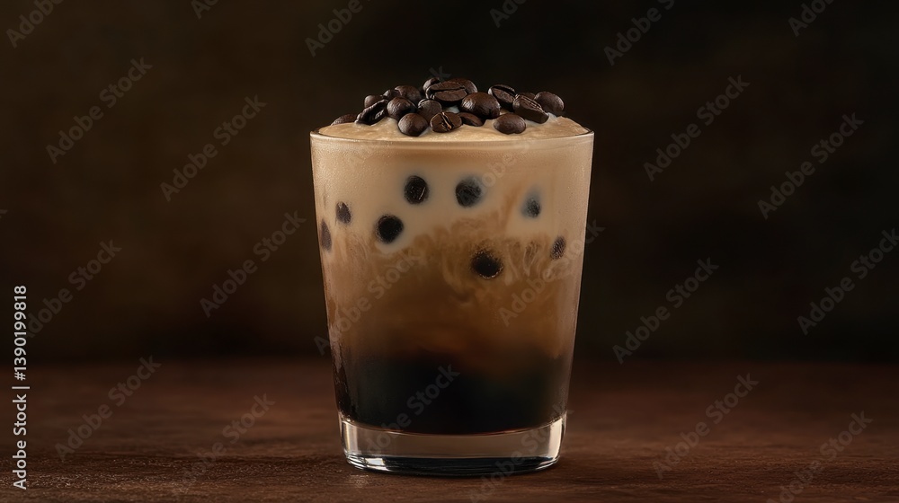 A short tumbler filled with espresso martini, topped with coffee beans on foam, against warm lighting A short tumbler filled with espresso martini, topped with coffee beans on foam, against warm lighting