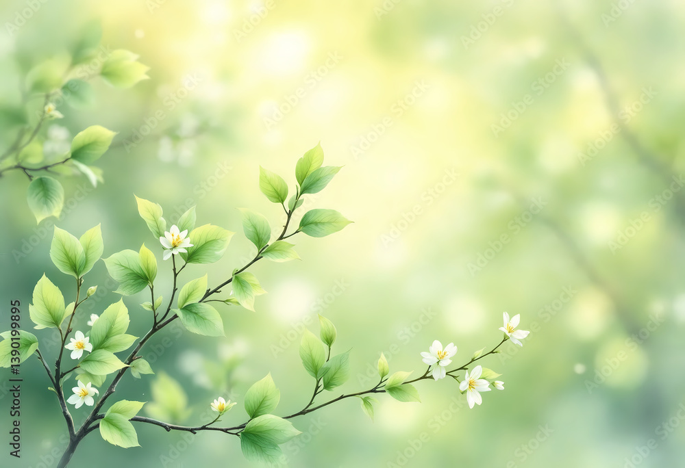Fototapeta premium Fresh Spring Background with Blossoming Twigs, Soft Green Tones and Natural Light