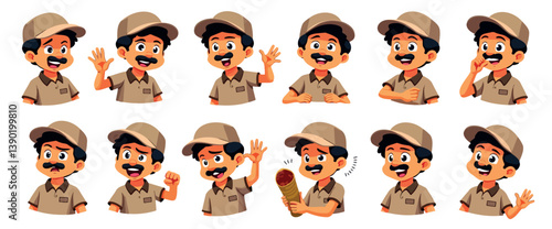 cheerful cartoon delivery person with various expressions and gestures