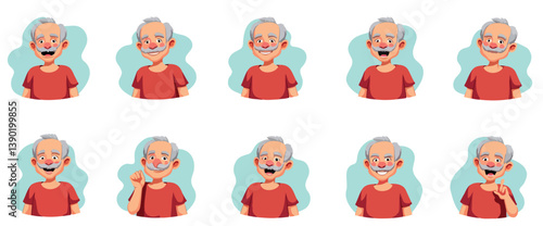 ten diverse illustrations of a cheerful senior man expressing various emotions